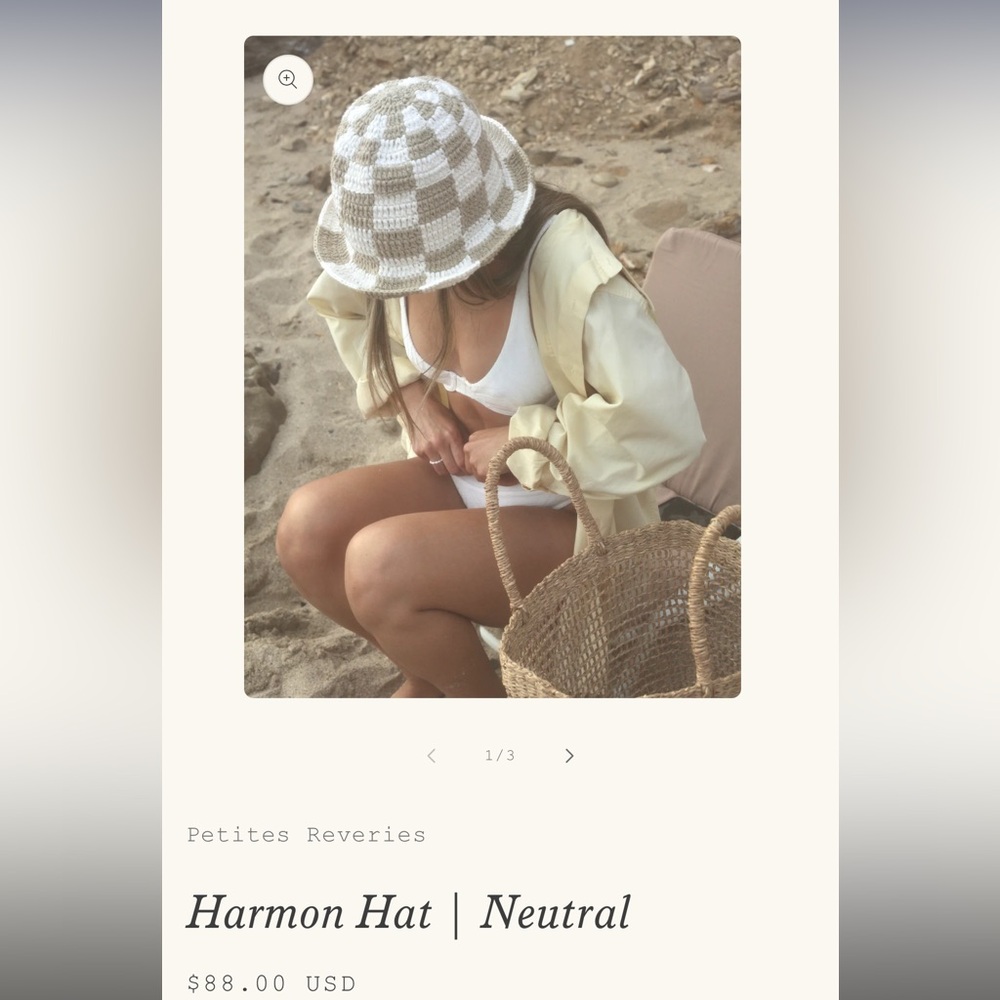 Petites Reveries Harmon Hat | Neutral crochet Hailey Bieber tan cream checkered